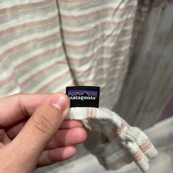 Patagonia Men's Trail Harbor Pocket Tee Hemp Organic Cotton Large Tan Stripe - Picture 5 of 7